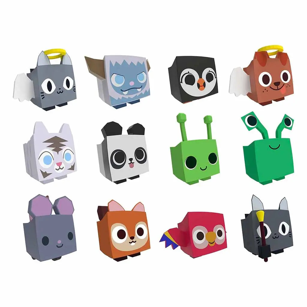 Full PhatMojo Pet Simulator Series 2 toy lineup showing twelve cube-shaped collectible pets including angel cat, penguin, panda, alien, rabbit, and parrot on white background.