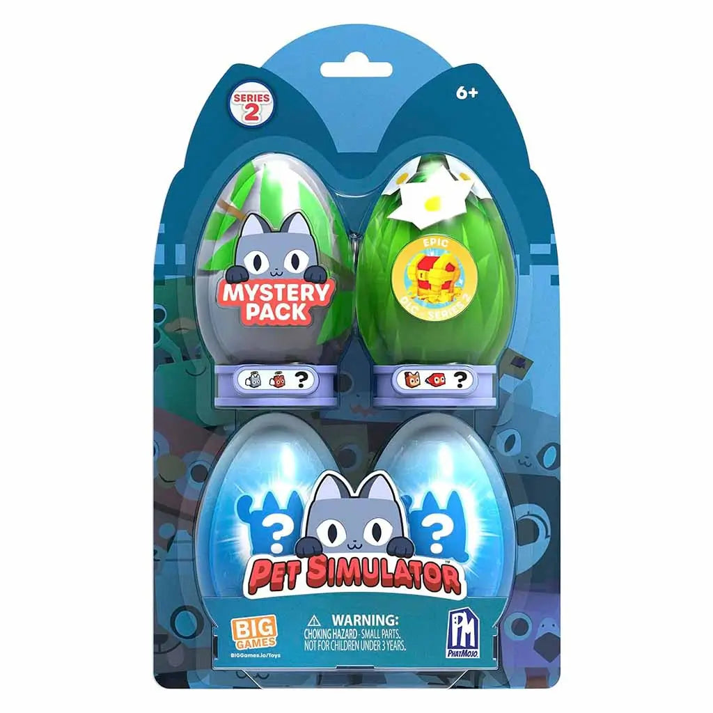 Retail package of PhatMojo Pet Simulator Series 2 four-pack mystery eggs featuring colorful pet icons and green, gray, and blue eggs labeled Mystery Pack, designed for kids ages six and up.