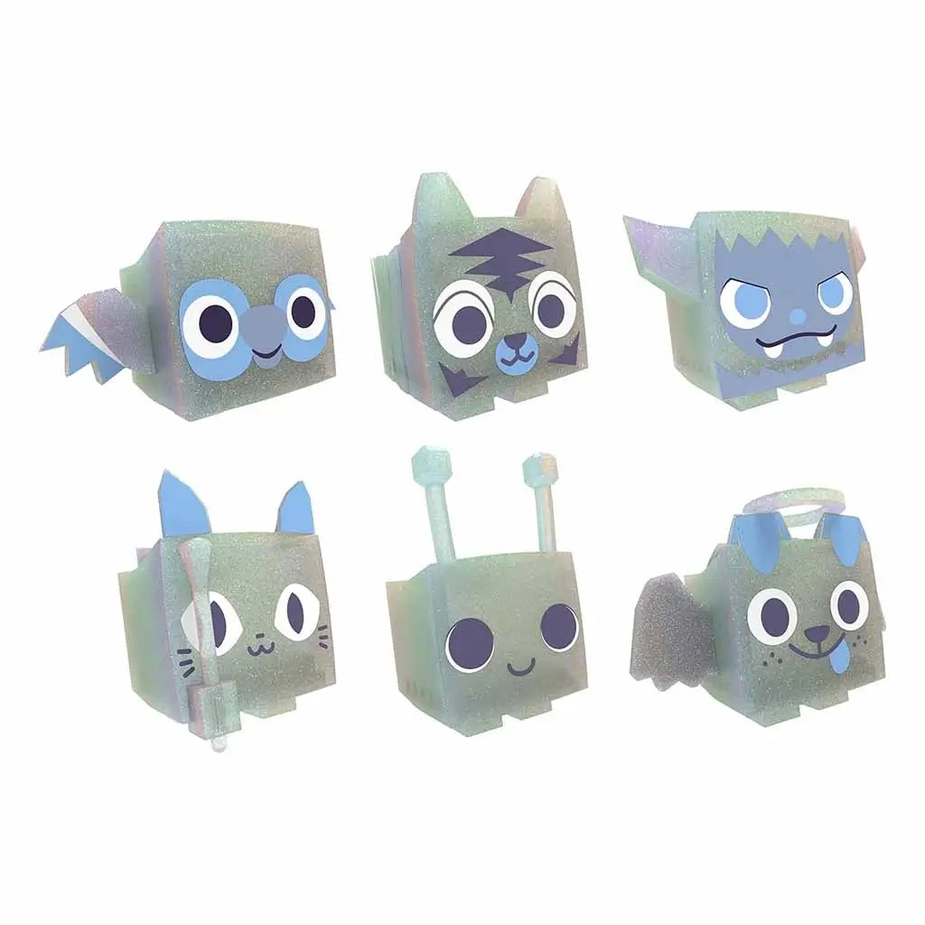 Set of six glittery Pet Simulator toy figures from PhatMojo Series 2 featuring cube animals like cats, aliens, and bats with shimmering blue and silver textures for added sparkle.