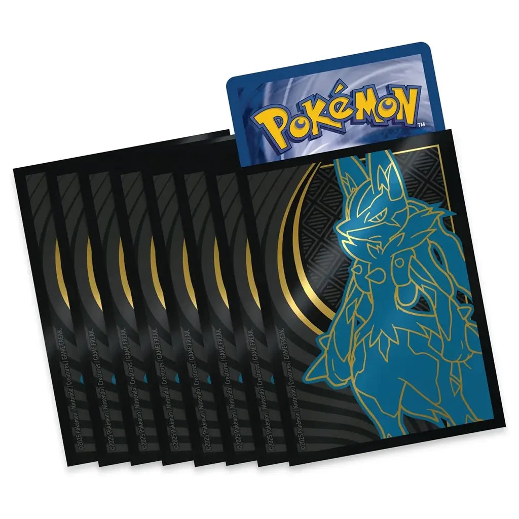 Pokémon TCG Mega Evolution Elite Trainer Box card sleeves featuring metallic blue and gold Lucario design on black background, providing stylish protection for collectible trading cards.