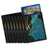 Pokémon TCG Mega Evolution Elite Trainer Box card sleeves featuring metallic blue and gold Lucario design on black background, providing stylish protection for collectible trading cards.