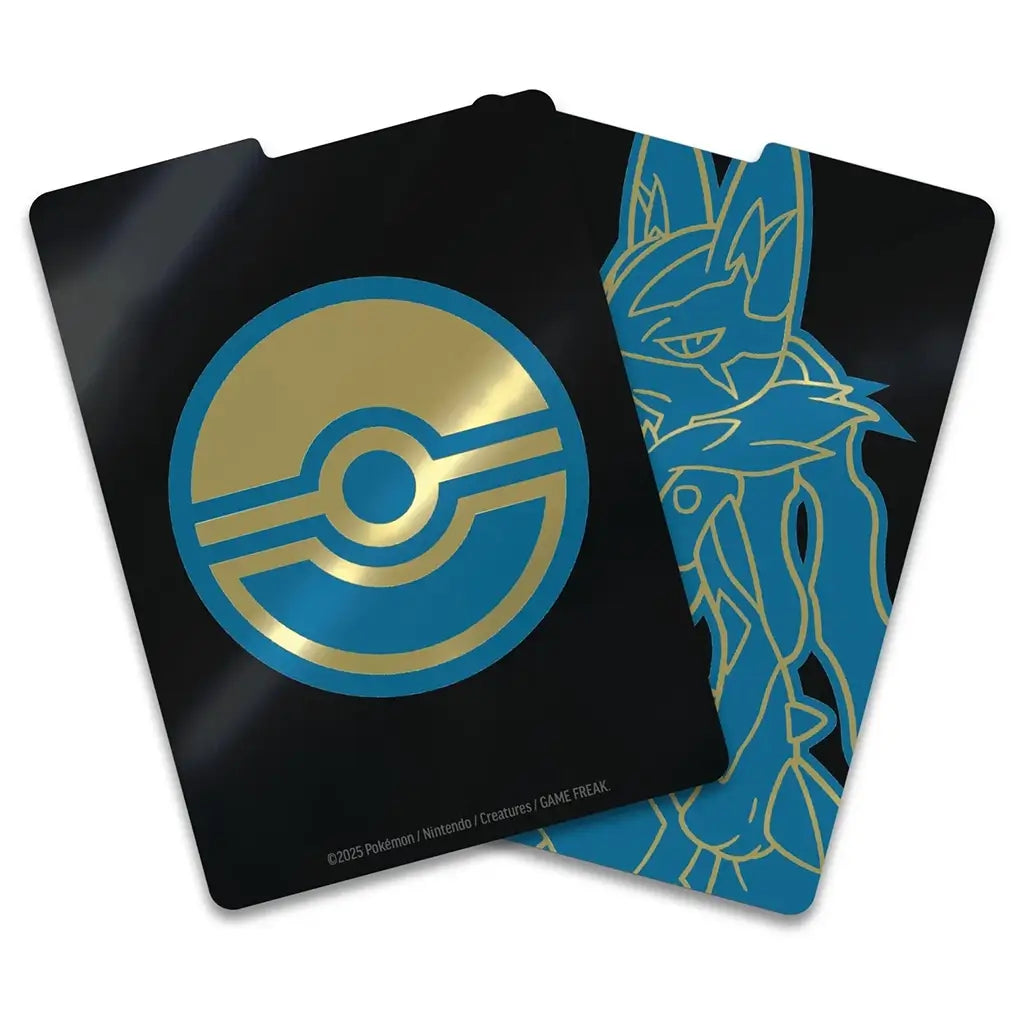Pokémon TCG Mega Evolution card sleeves with glossy black and gold Poké Ball design on one side and outlined Lucario artwork in metallic blue on the reverse, designed for premium card protection.