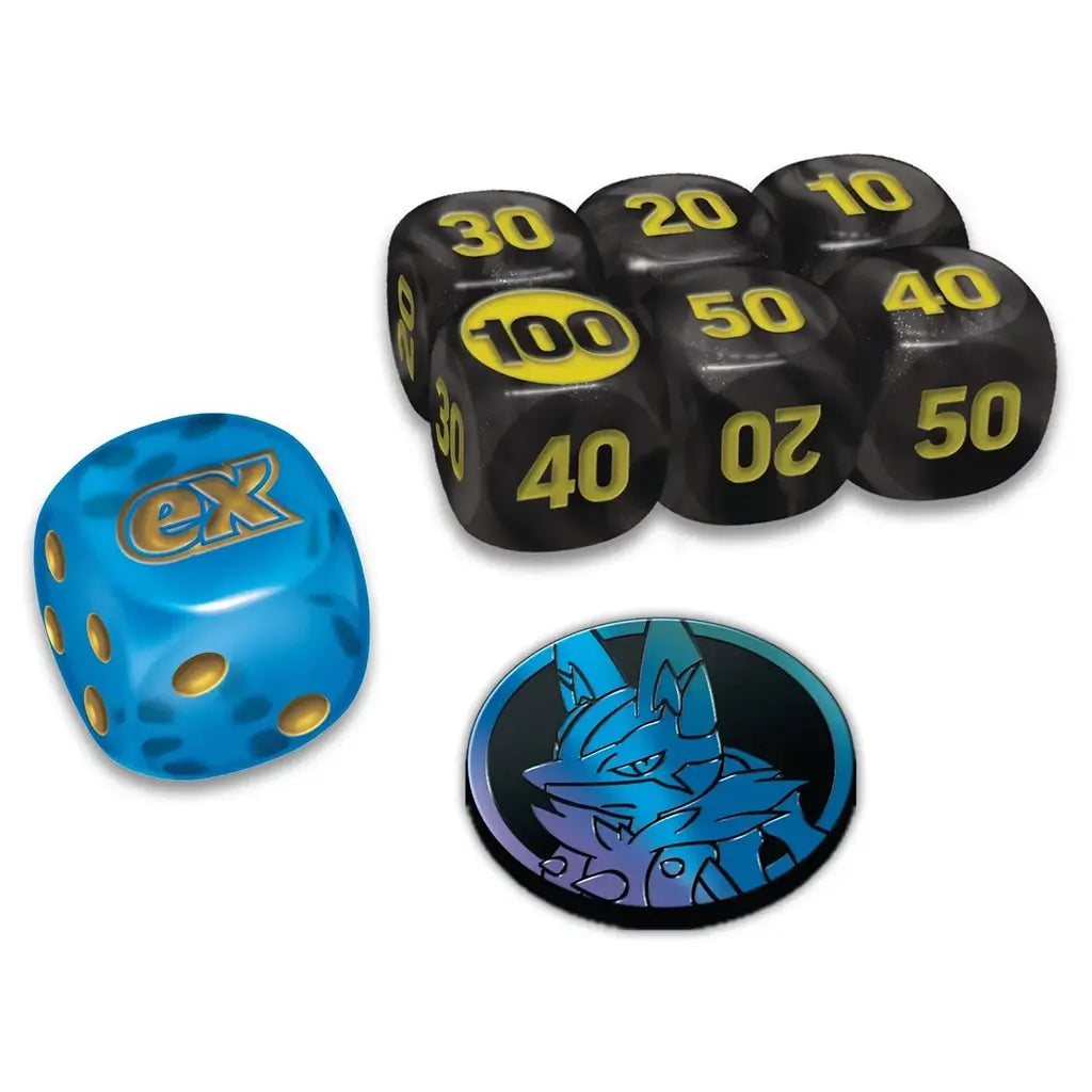 Pokémon TCG Mega Evolution dice set including blue and black counters, a blue EX die, and Lucario-themed coin marker, designed for scorekeeping and battle gameplay.