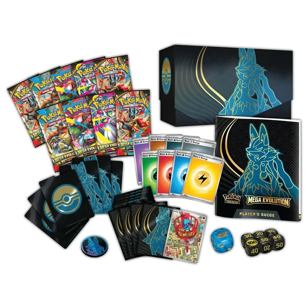 Pokémon TCG Mega Evolution Elite Trainer Box contents including booster packs, Lucario card sleeves, dice, counters, energy cards, and a player’s guide, neatly arranged beside the decorated storage box.