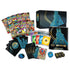 Pokémon TCG Mega Evolution Elite Trainer Box contents including booster packs, Lucario card sleeves, dice, counters, energy cards, and a player’s guide, neatly arranged beside the decorated storage box.