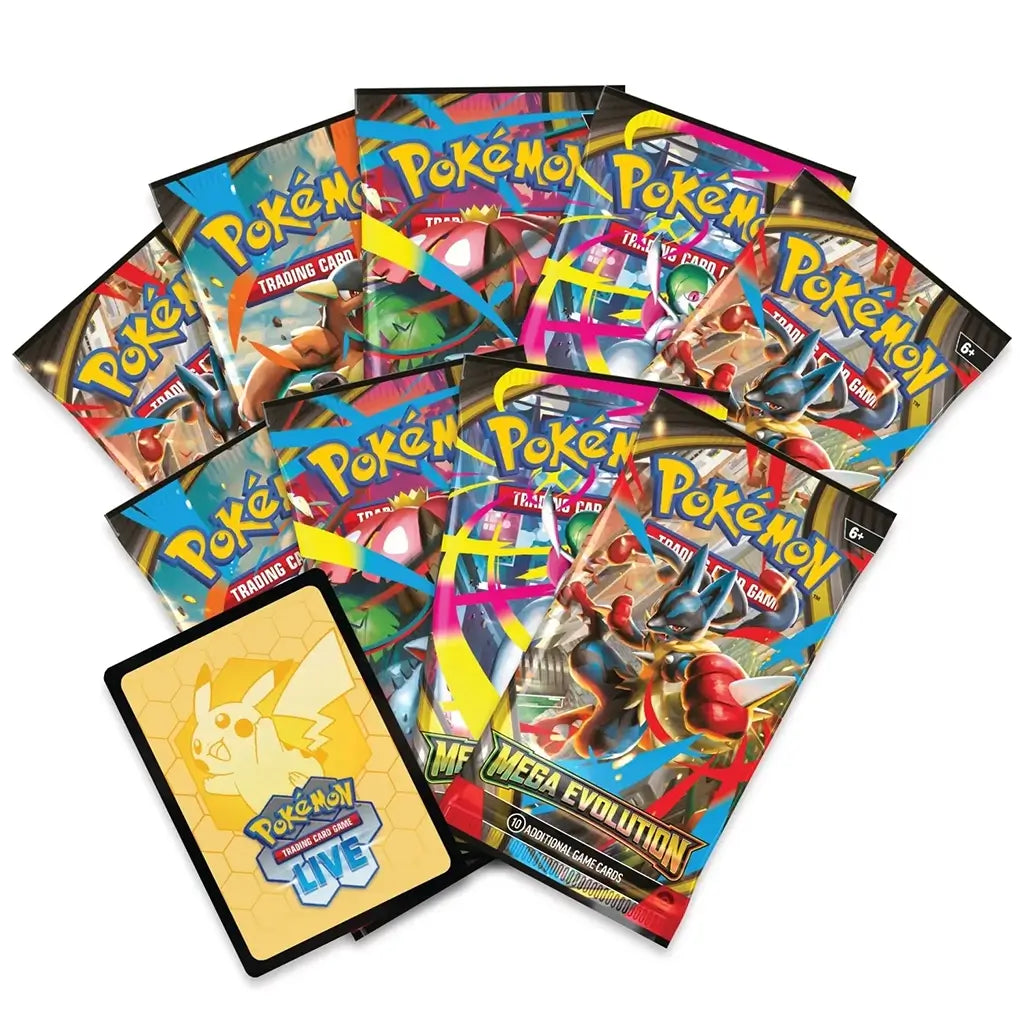 Pokémon TCG Mega Evolution trading card booster packs displaying colorful artwork of Mega Lucario and other Pokémon, arranged in a spread for collectors and players aged 6 and up.