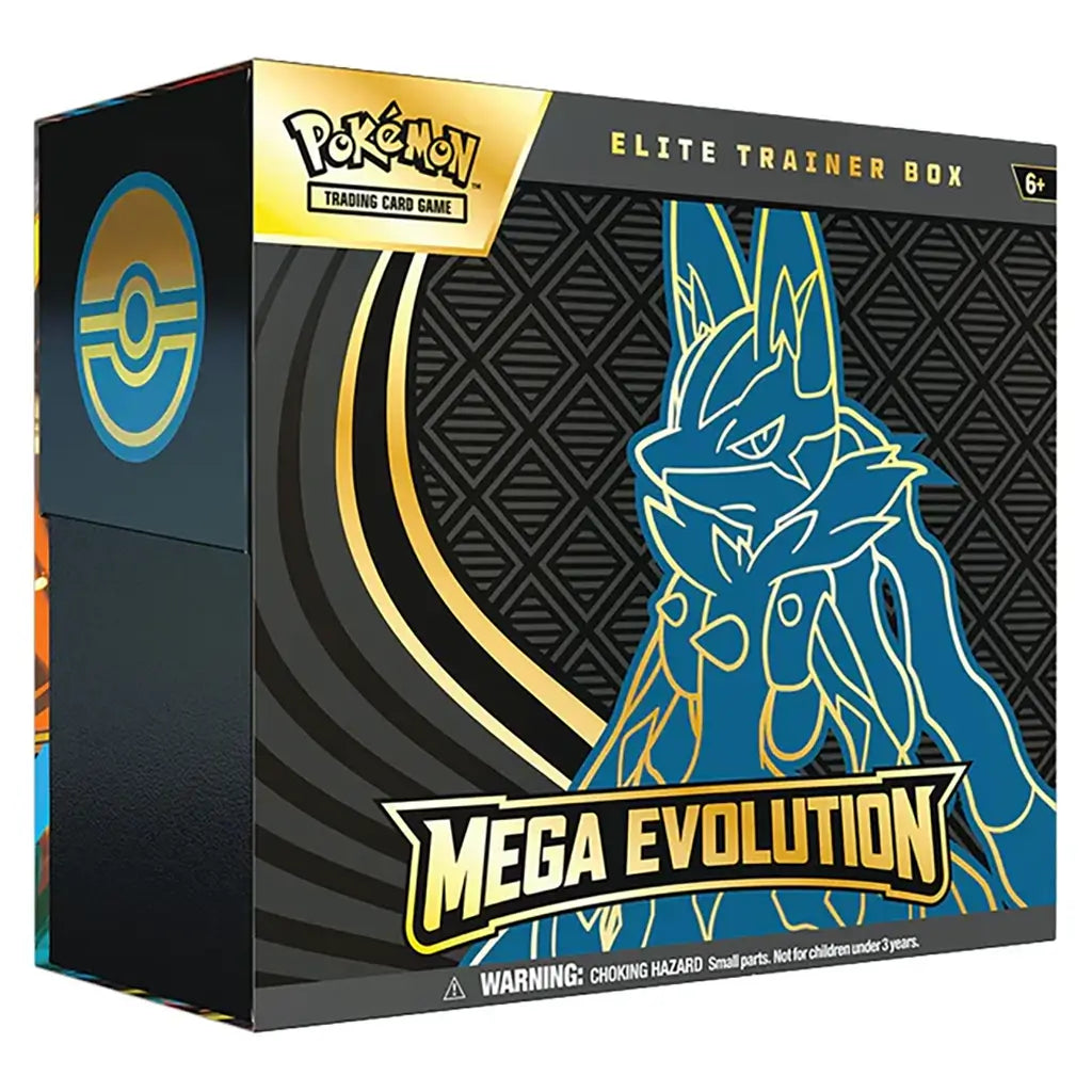 Pokémon TCG Mega Evolution Elite Trainer Box showcasing Mega Lucario outlined in metallic blue and gold on a black patterned box, ideal for collectors and competitive players.