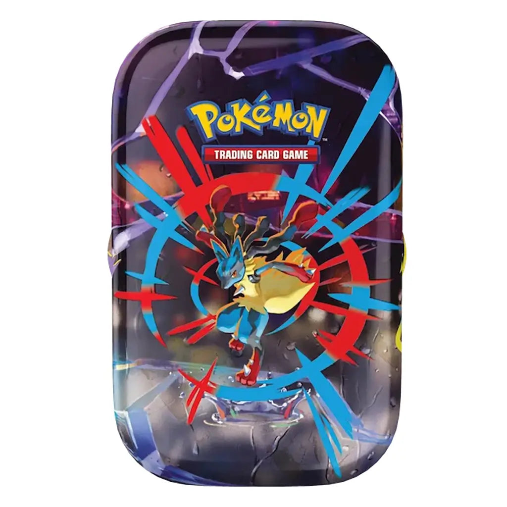 Pokémon TCG Mega Heroes Mini Tin showcasing Lucario surrounded by red and blue motion streaks, capturing an action-packed Mega Evolution theme for collectors.
