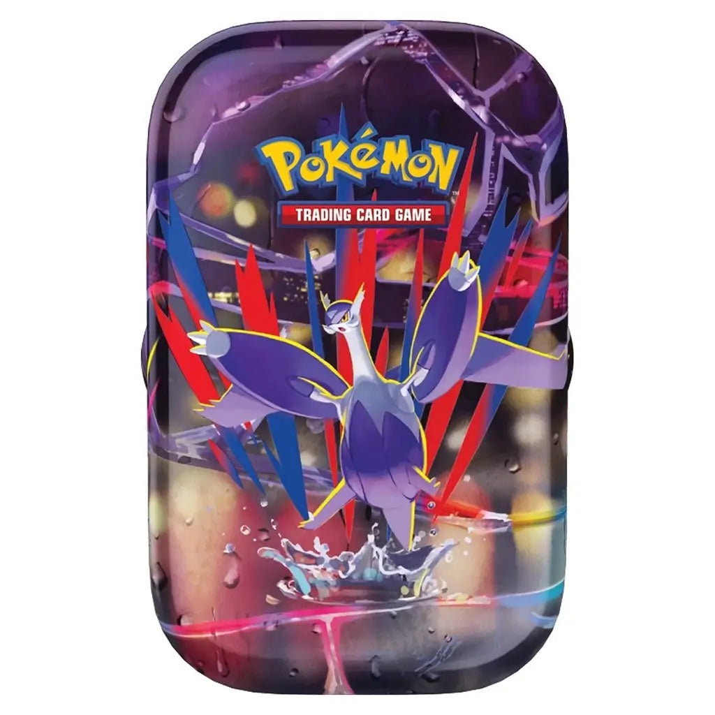 Pokémon TCG Mega Heroes Mini Tin featuring Lugia splashing from water with colorful red and blue streaks, showcasing dynamic artwork and metallic detailing for collectible storage.