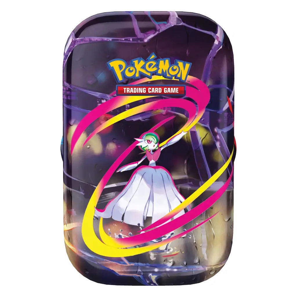 Pokémon TCG Mega Heroes Mini Tin featuring Gardevoir with pink and yellow swirling energy on a purple backdrop, highlighting elegant Mega Evolution artwork.