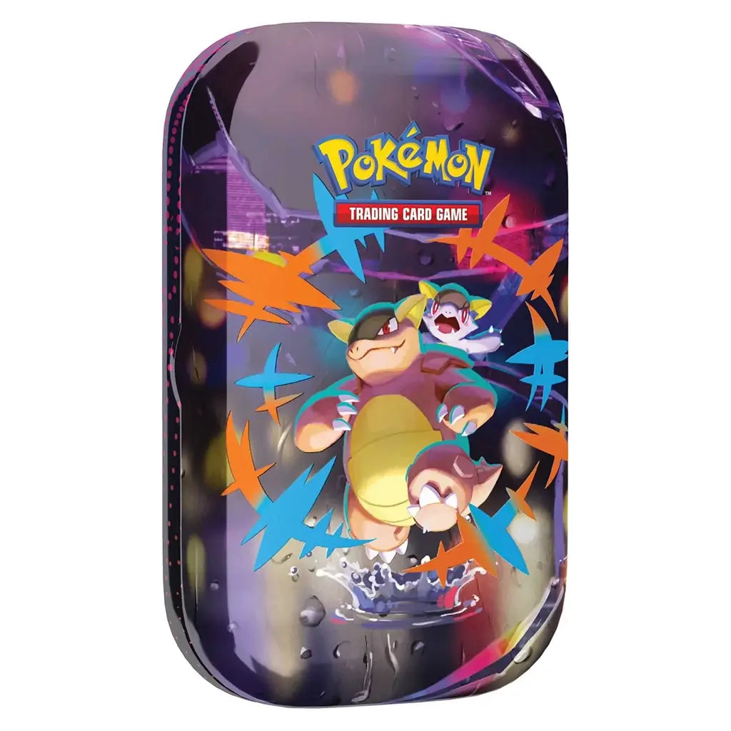 Pokémon TCG Mega Heroes Mini Tin displaying Kangaskhan with her baby and vibrant orange and blue energy bursts on a dark reflective background, designed for trading card collectors.