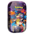 Pokémon TCG Mega Heroes Mini Tin displaying Kangaskhan with her baby and vibrant orange and blue energy bursts on a dark reflective background, designed for trading card collectors.