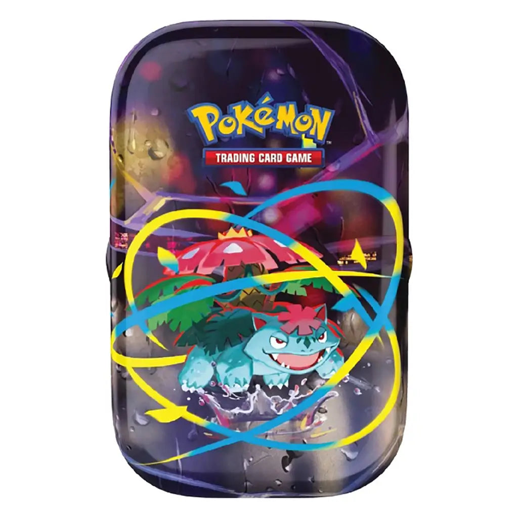 Pokémon TCG Mega Heroes Mini Tin with Venusaur surrounded by glowing yellow and blue energy swirls, featuring vivid art against a wet, reflective surface effect.