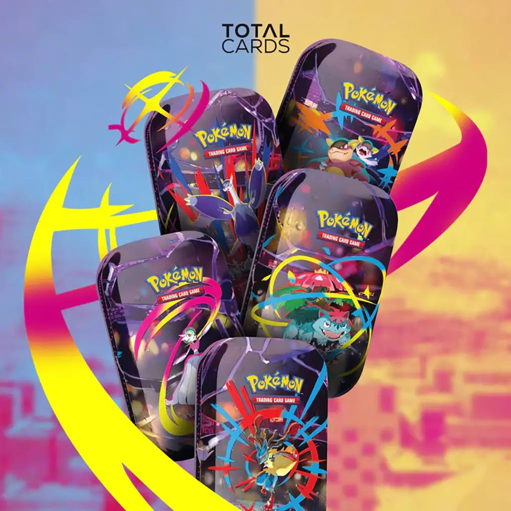 Pokémon TCG Mega Heroes Mini Tin collection arranged in a colorful display featuring all five tin designs with bright swirls on a gradient yellow and pink background.