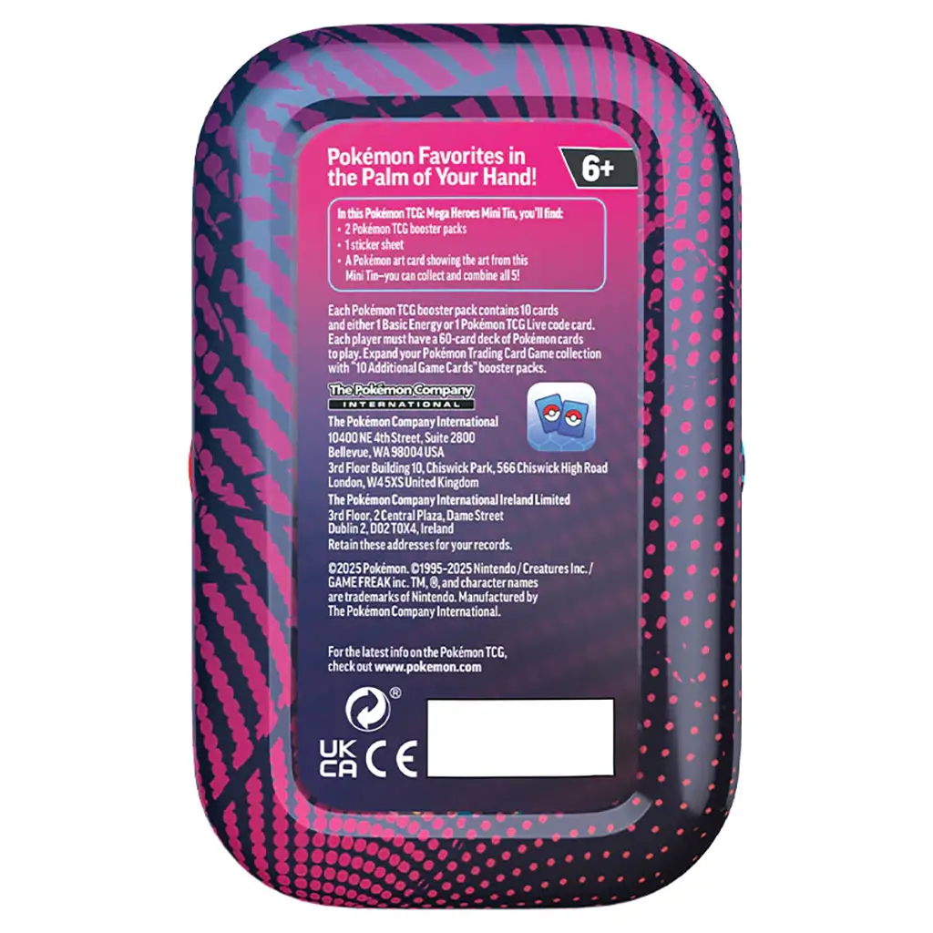 Back of the Pokémon TCG Mega Heroes Mini Tin showing product details, content list, and manufacturer information with a pink and black dotted design pattern.