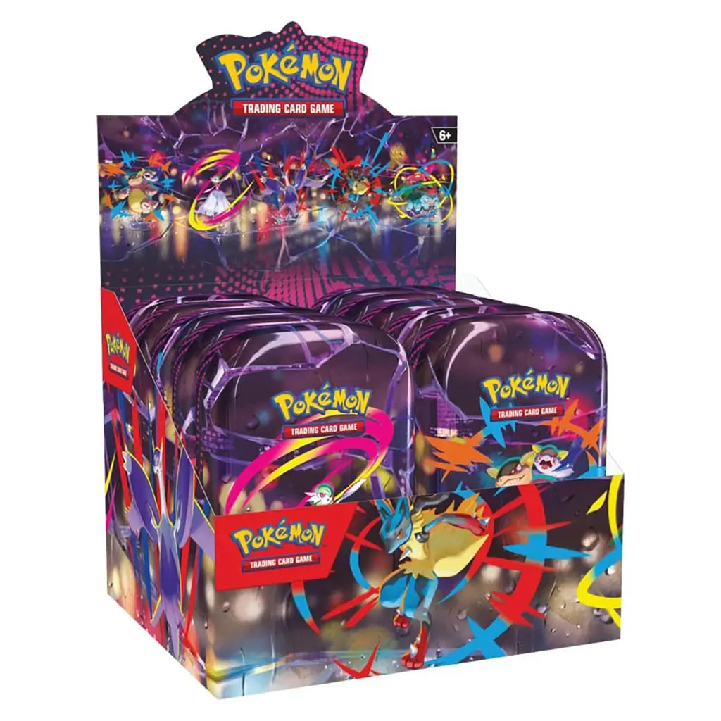 Pokémon TCG Mega Heroes Mini Tin display box containing multiple tins with Lugia, Lucario, Gardevoir, and other Pokémon art, designed for retail presentation and collection.