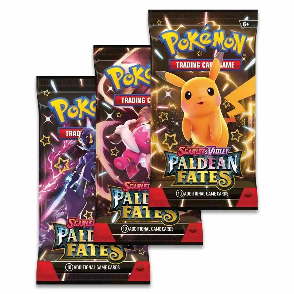 Three Pokémon TCG Scarlet & Violet Paldean Fates booster packs featuring Pikachu, Mimikyu, and Ceruledge artwork, each containing 10 additional game cards with vivid star-themed designs.