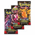 Three Pokémon TCG Scarlet & Violet Paldean Fates booster packs featuring Pikachu, Mimikyu, and Ceruledge artwork, each containing 10 additional game cards with vivid star-themed designs.