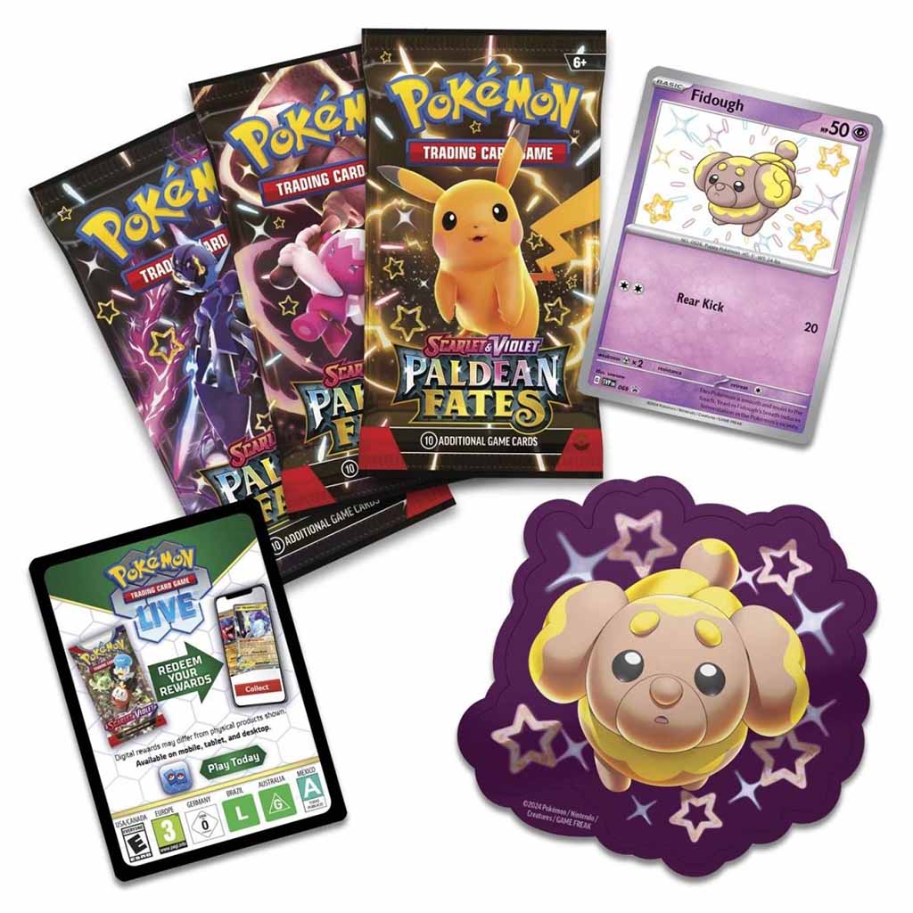 Pokémon TCG Paldean Fates Fidough Tech Sticker Collection contents shown: shiny Fidough card, large purple sticker, three booster packs, and Pokémon TCG Live code card on white background.