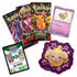 Pokémon TCG Paldean Fates Fidough Tech Sticker Collection contents shown: shiny Fidough card, large purple sticker, three booster packs, and Pokémon TCG Live code card on white background.