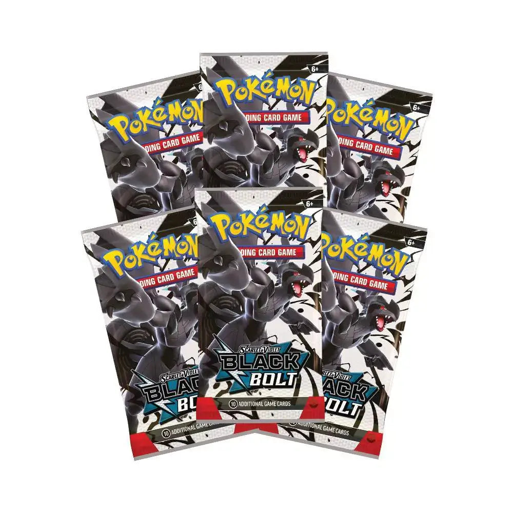 Pokémon TCG Scarlet & Violet Black Bolt booster packs, sealed in glossy black, white, and red wrappers featuring Zekrom artwork, displayed in a grouped set of six packs.