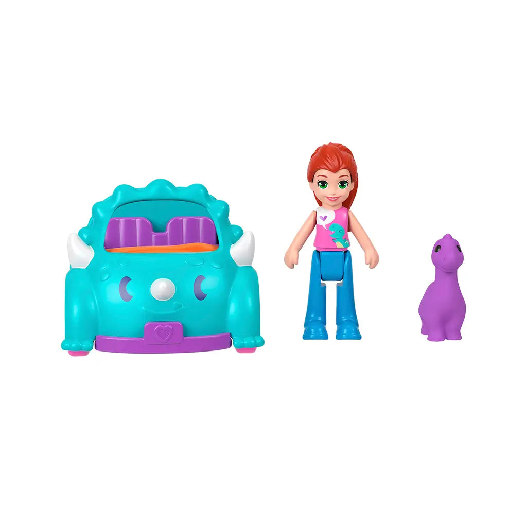 Polly Pocket mini playset featuring a teal triceratops-shaped toy car with purple seats, a small red-haired doll, and a cute purple brontosaurus figure, set against a white background.