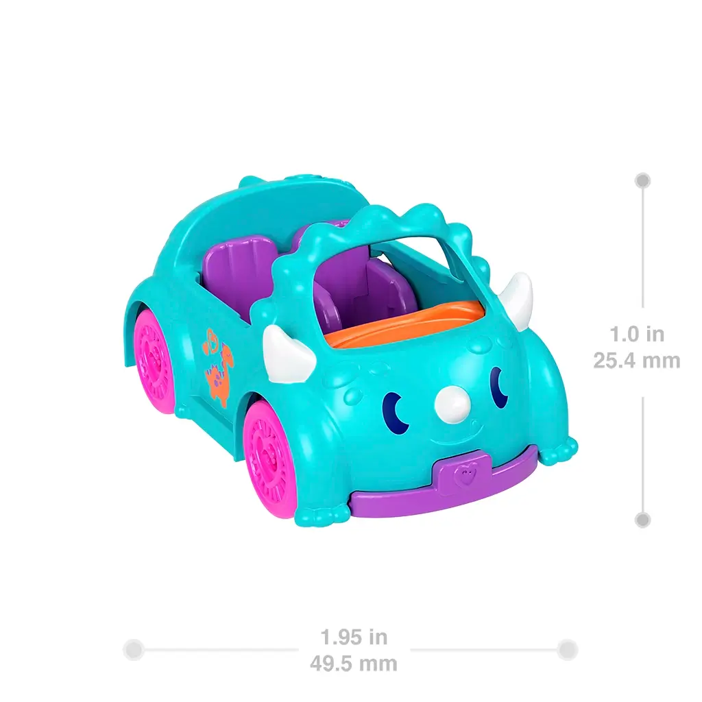 Teal dinosaur-themed Polly Pocket toy car with purple wheels, white horns, orange dashboard, and printed dinosaur decals, shown with measurements for height and length on a white backdrop.