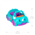Teal dinosaur-themed Polly Pocket toy car with purple wheels, white horns, orange dashboard, and printed dinosaur decals, shown with measurements for height and length on a white backdrop.