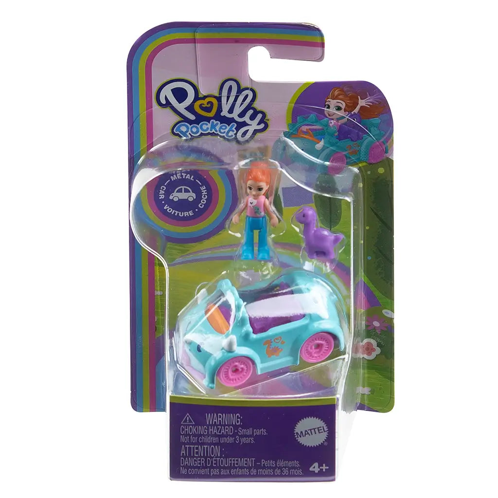 Packaged Polly Pocket dinosaur car set featuring a teal triceratops car, red-haired doll, and purple brontosaurus, enclosed in clear blister packaging with colorful branding and graphics.