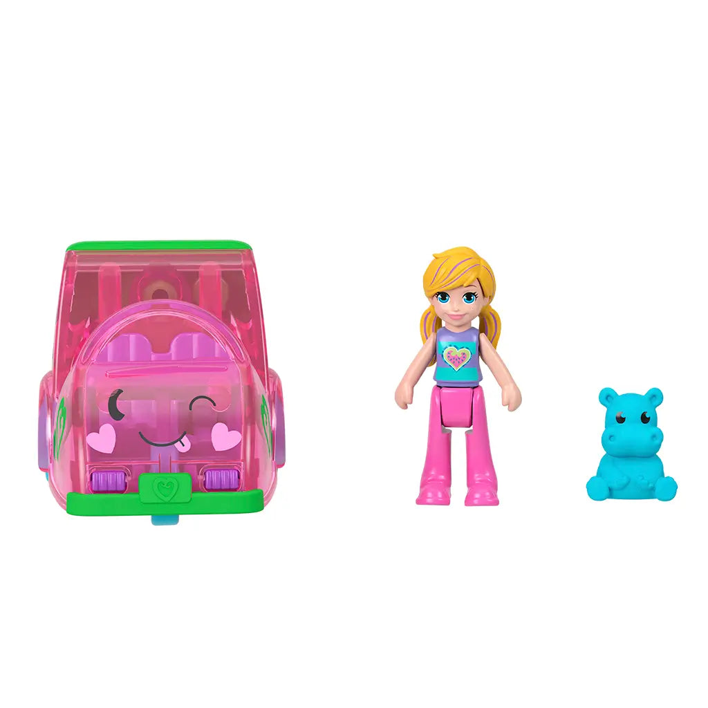 Front view of Polly Pocket pink watermelon car with green trim and smiling face, next to blonde Polly doll in pink pants and small blue hippo figure.
