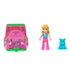 Front view of Polly Pocket pink watermelon car with green trim and smiling face, next to blonde Polly doll in pink pants and small blue hippo figure.