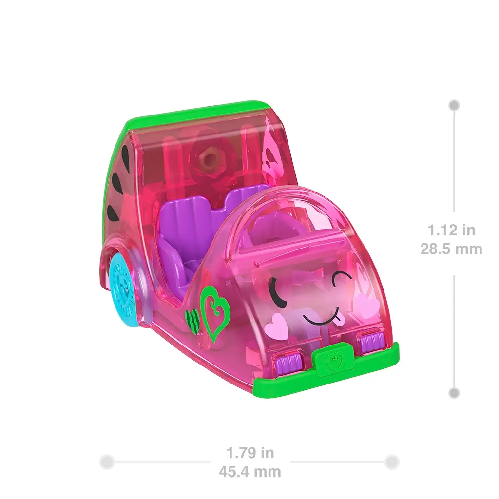 Close-up of Polly Pocket pink watermelon car with smiling face, green trim, and purple seats, showing detailed size measurements in inches and millimeters.