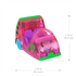 Close-up of Polly Pocket pink watermelon car with smiling face, green trim, and purple seats, showing detailed size measurements in inches and millimeters.