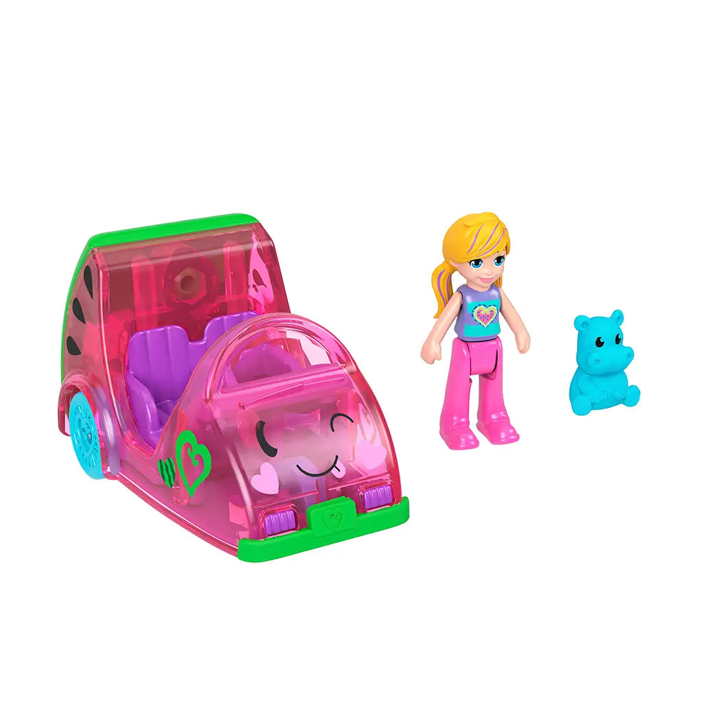 Polly Pocket pink watermelon car with green trim beside blonde Polly doll in pink pants and blue hippo figure, all placed on white background.