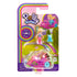 Polly Pocket toy set in packaging featuring pink mini watermelon car with green accents, small Polly doll, and blue hippo figure against colorful cardboard backing.