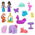 Set of Polly Pocket Peacock Garden playset accessories including two dolls, colorful animals, a peacock boat, and miniature furniture pieces.