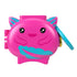 Polly Pocket axolotl locket playset closed shows compact shaped like a pink axolotl with teal fins, smiling face, and attached blue handle for portable play on the go.