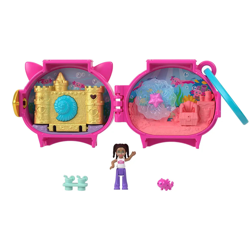 Polly Pocket Pet Connects axolotl playset includes pink compact that opens to golden castle and coral reef scenes, with accessories, purple pants doll, and pink axolotl pet figure.