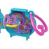 Inside Polly Pocket Pet Connects hedgehog locket playset showing a colorful pet playroom with purple running wheel, tiny hedgehog figure, and playful illustrated background.