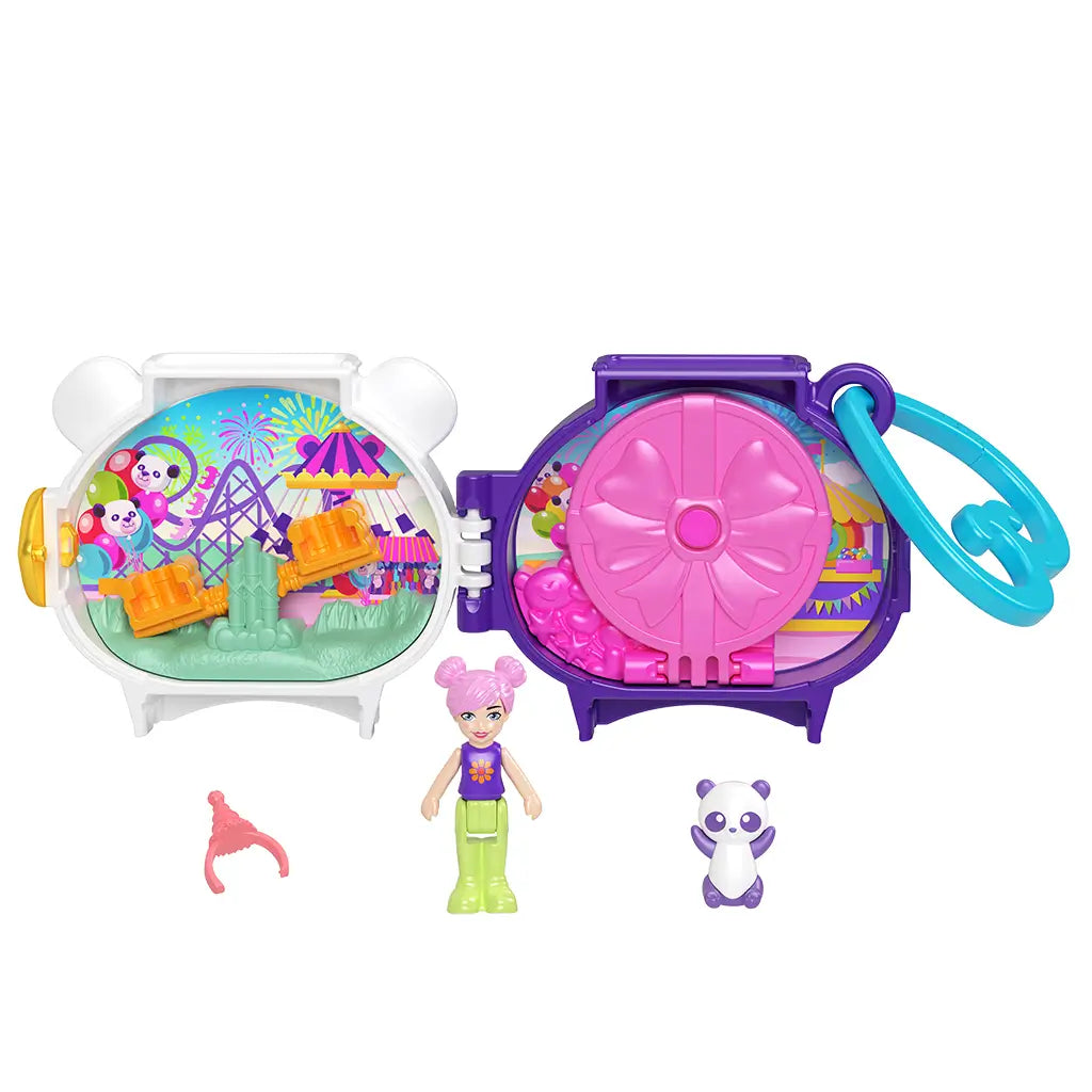 Polly Pocket panda locket playset in bright white, purple, and pink opens to reveal miniature amusement park rides, colorful scenery, and tiny accessories with doll and panda figure.