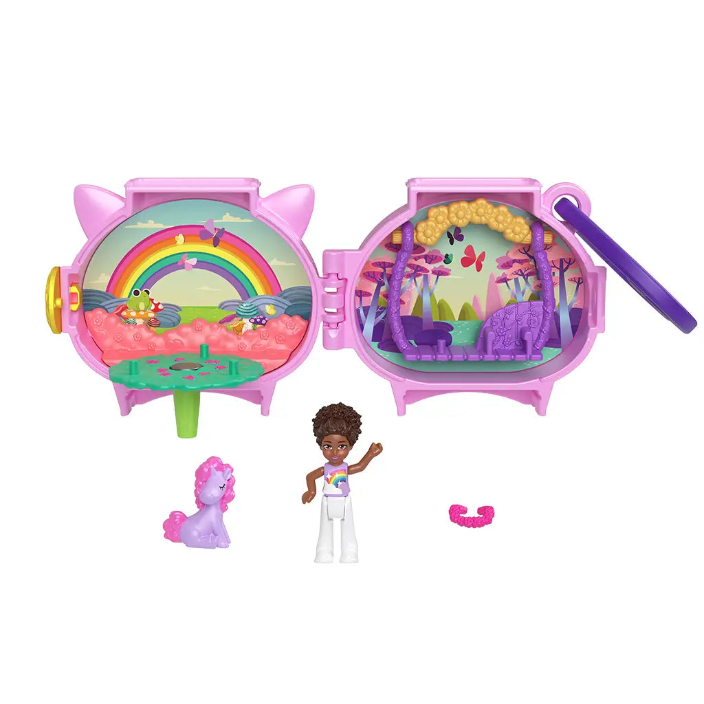 Polly Pocket unicorn playset with pink and purple compact case opens to reveal rainbow forest scene with small doll, lavender pony, and interactive accessories for imaginative play.
