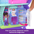 Polly Pocket doll in compact kitchen with interactive fridge door opening to reveal colorful snack graphics and shelves inside.