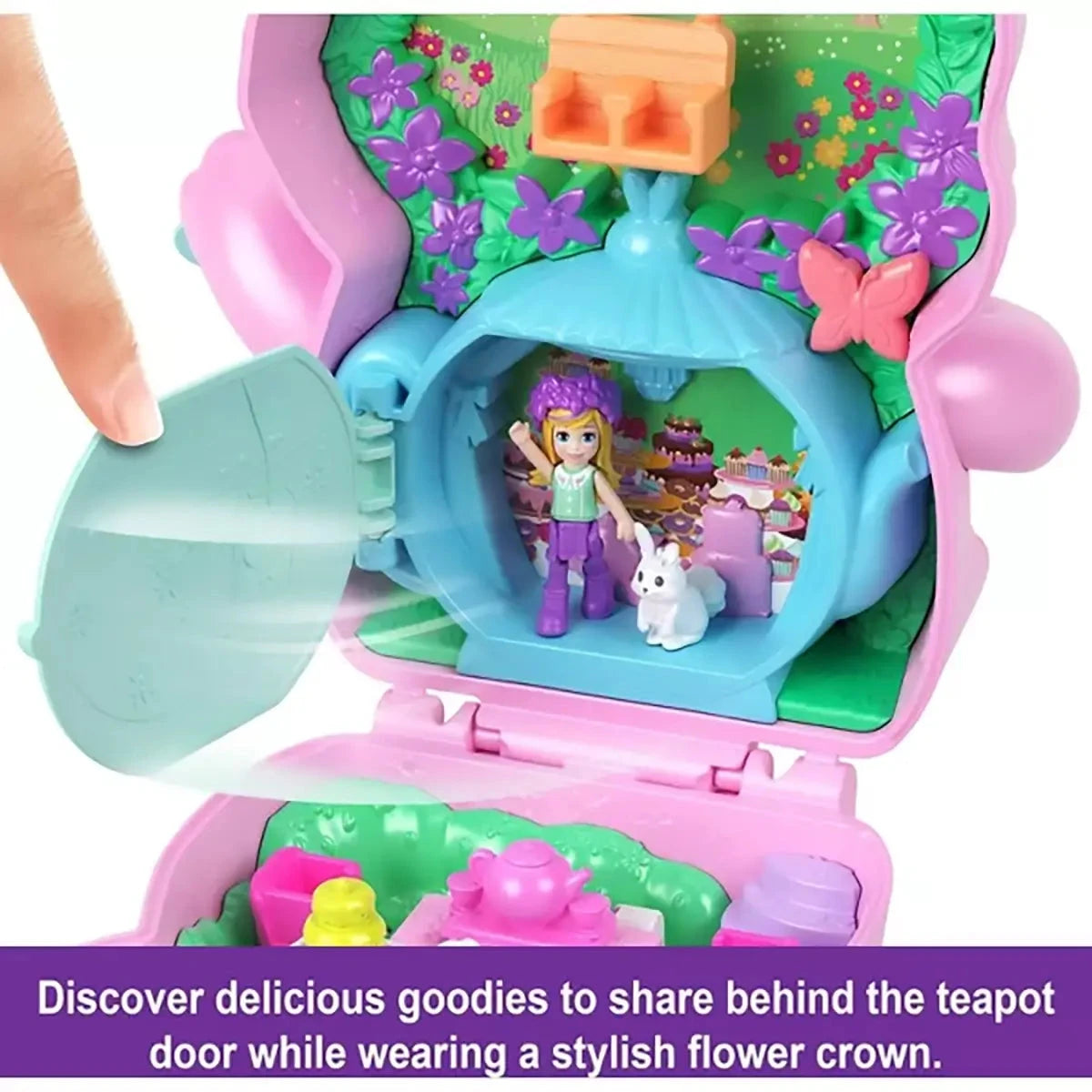 Polly Pocket Tea Party Bunny Compact Playset treats behind the door on the teapot
