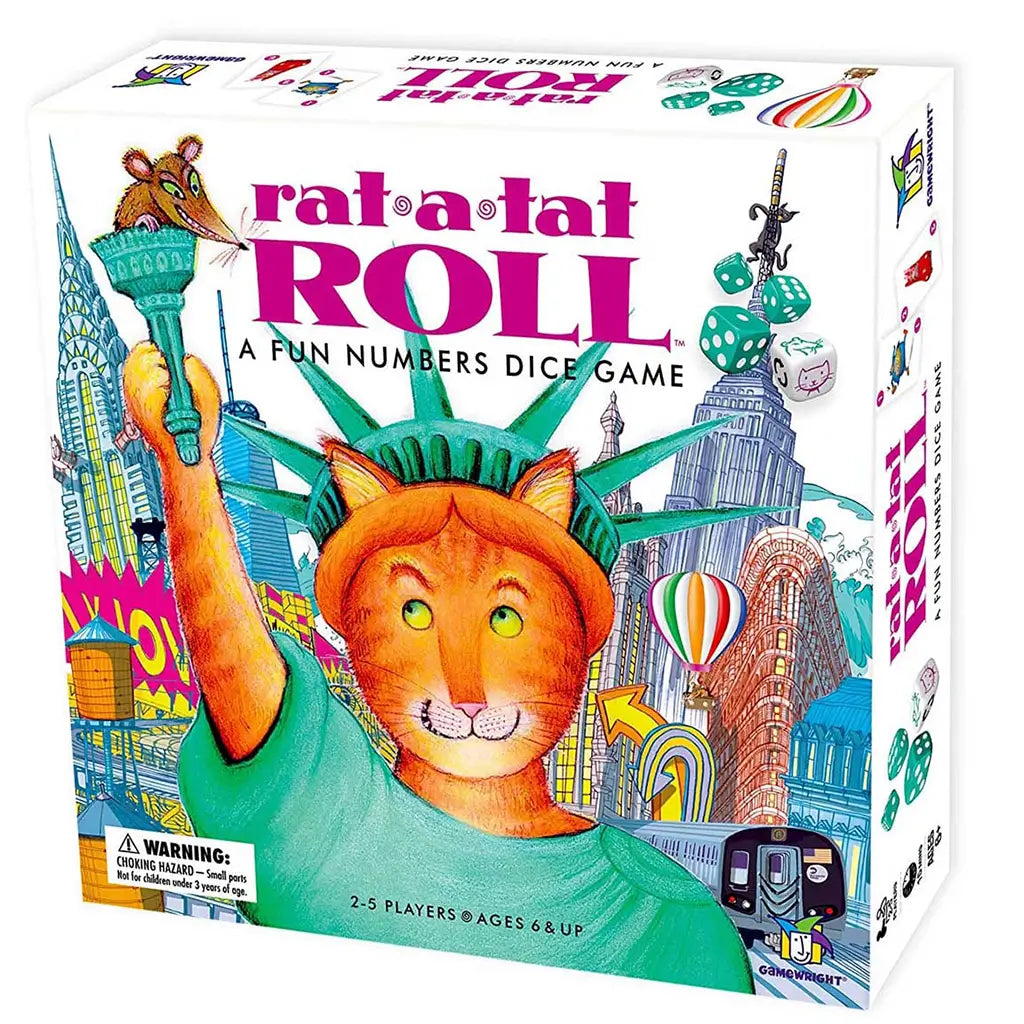 Front packaging of Gamewright’s Rat-A-Tat Roll board game featuring a colorful illustration of a cat dressed as the Statue of Liberty with New York landmarks, dice, and balloons, for ages 6 and up.