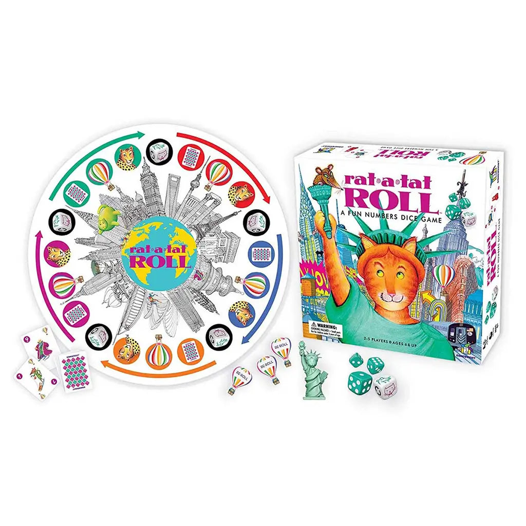 Complete Rat-A-Tat Roll dice board game set by Gamewright including the main box, circular world-themed game board, dice, player tokens shaped like balloons and the Statue of Liberty, and cards.