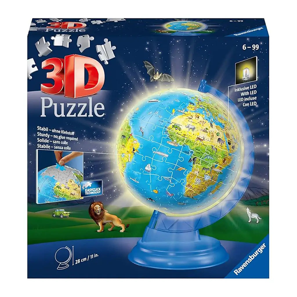 Ravensburger 3D Children’s Globe Night Edition box with glowing LED globe on blue stand, featuring colorful continents with animal illustrations for educational fun.