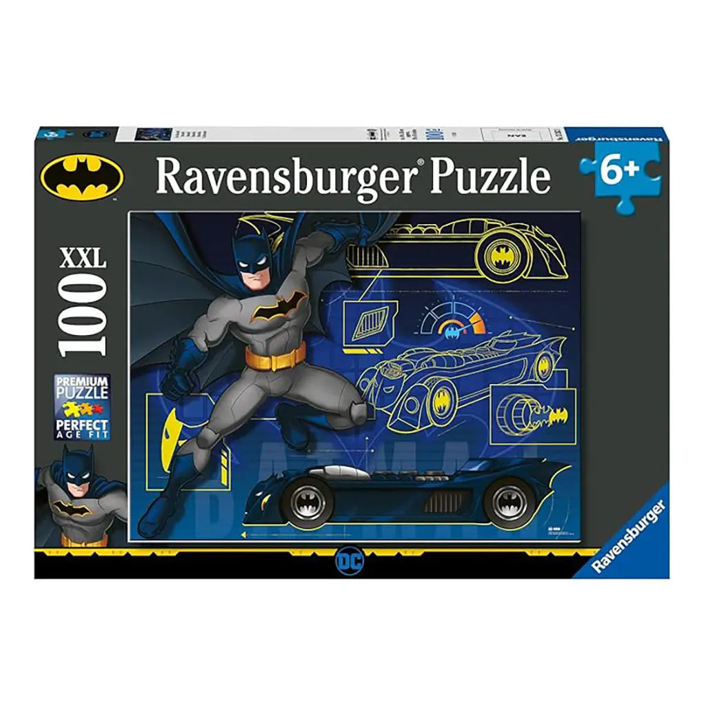 Ravensburger Batman 100-piece XXL puzzle box featuring Batman leaping forward with Batmobile schematics, designed for ages six and older with premium puzzle quality branding.