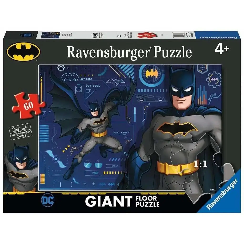 Ravensburger DC Batman 60-piece giant floor puzzle box showing Batman in grey and blue suit with yellow utility belt, tech blueprint background, and age 4+ marking for young fans.
