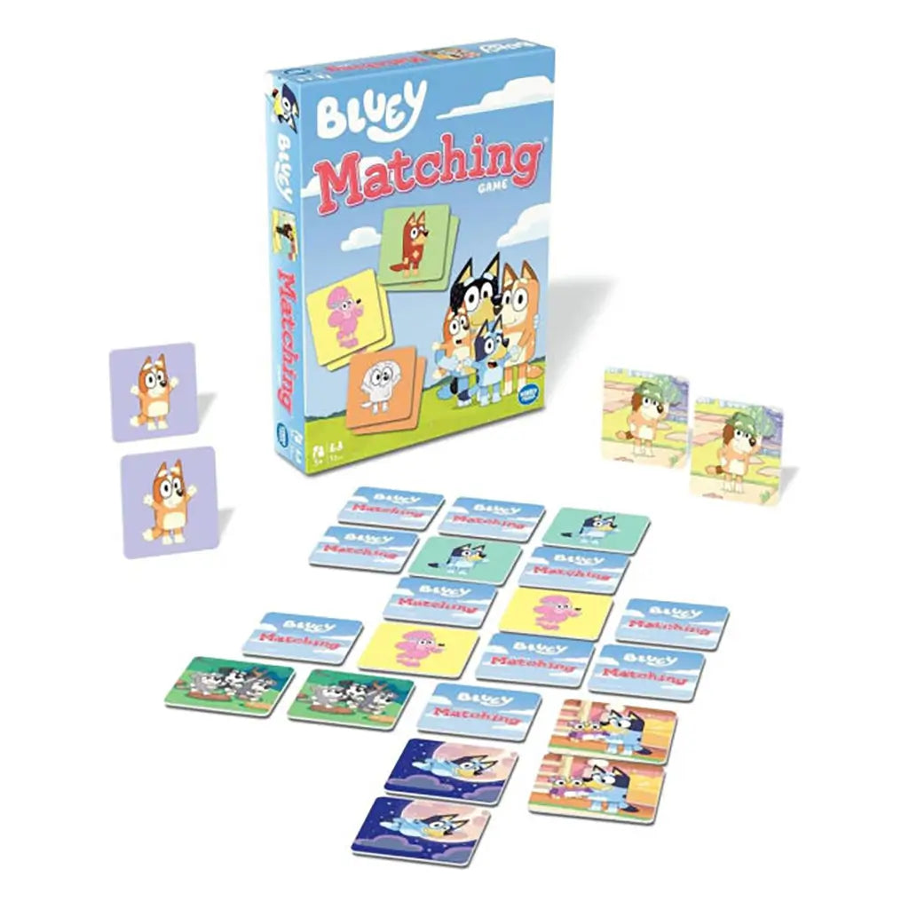 Bluey Matching Game box with cards displayed in front, showing pairs of Bluey family and friends, including Rusty, Muffin, Coco, and Bingo, arranged in colorful illustrated tiles.