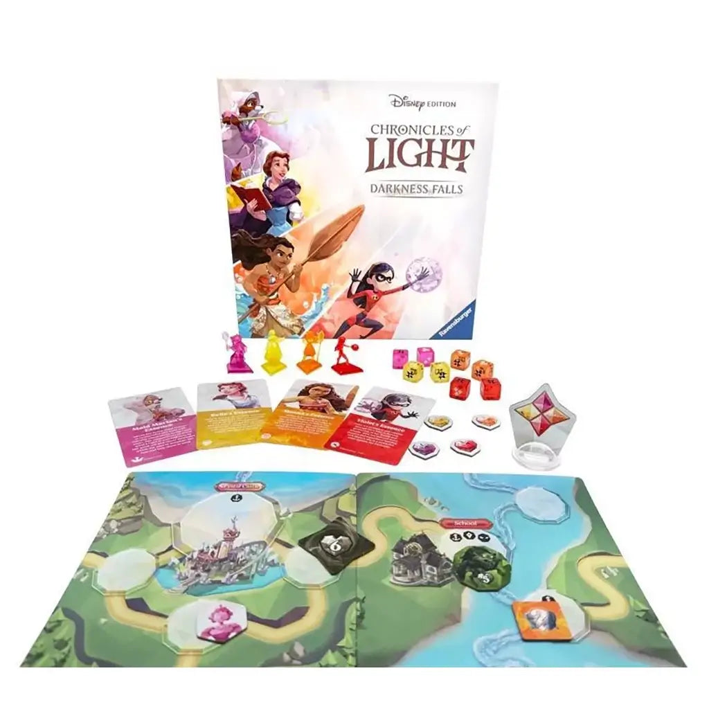 Ravensburger Disney Chronicles of Light: Darkness Falls board game components, including illustrated box, hero cards, miniatures, dice, tokens, and foldable map board.